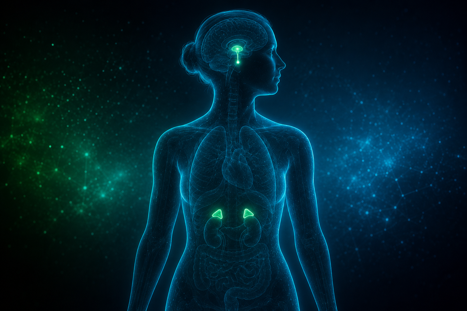 Glowing anatomical illustration of a human figure with the pituitary and adrenal glands highlighted, representing the hormone and stress pathways functional testing looks at
